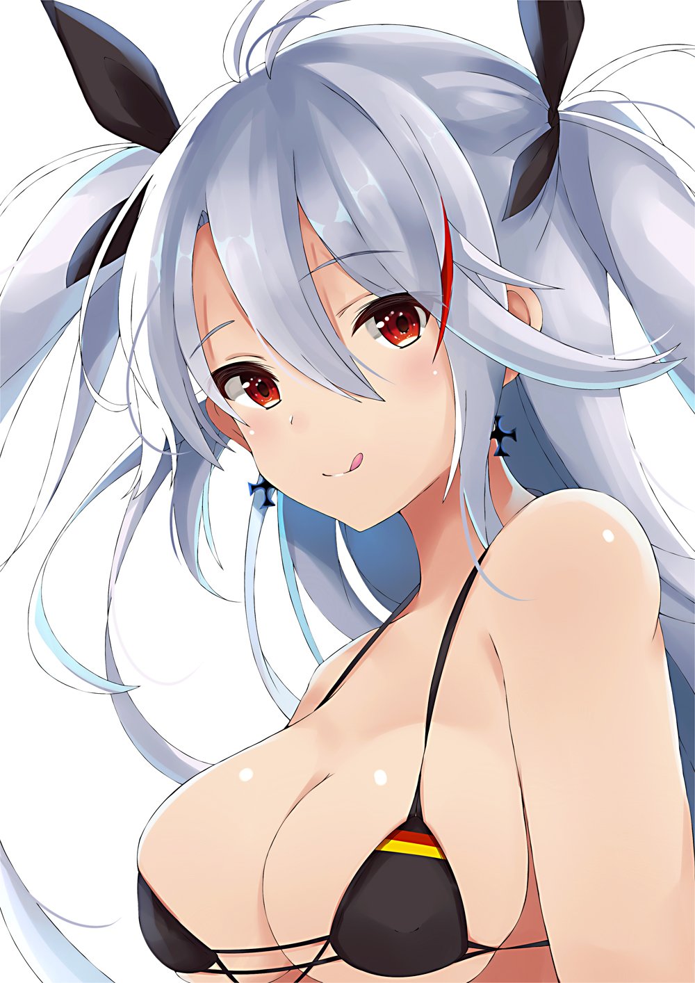 :p azur_lane bikini breasts earrings highres iron_cross jewelry large_breasts prinz_eugen_(azur_lane) red_eyes silver_hair swimsuit tongue tongue_out two_side_up upper_body youkan_(mattya_youkan)