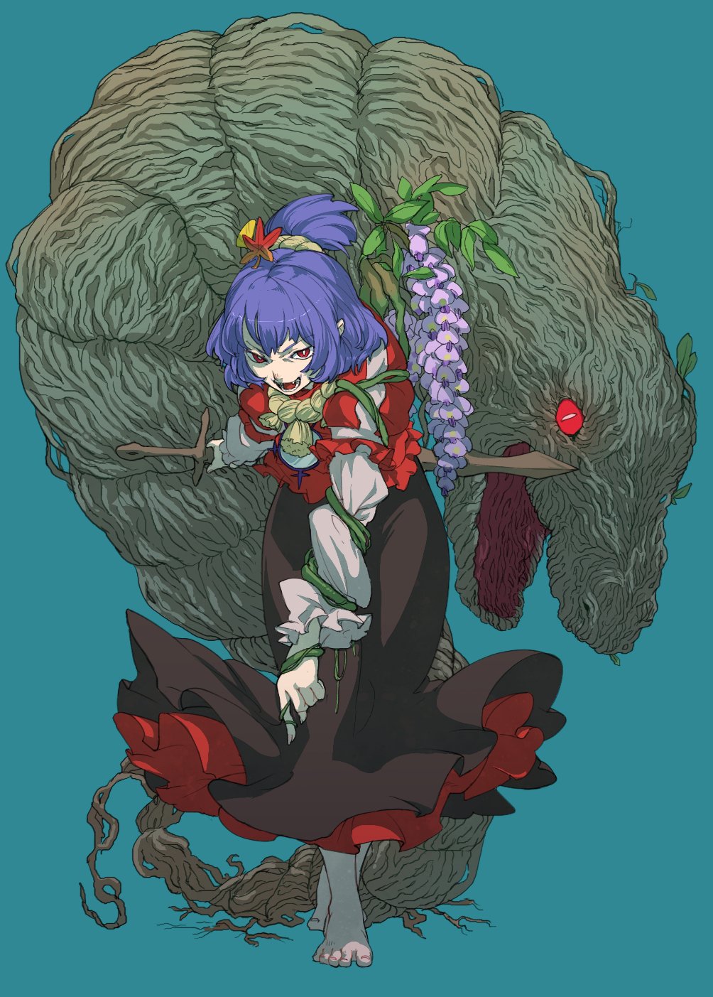 amayadori-tei barefoot black_skirt blue_background blue_hair bright_pupils fangs flower full_body hair_ornament highres holding holding_sword holding_weapon layered_skirt leaf_hair_ornament leaning_forward long_skirt long_sleeves looking_at_viewer mirror monster open_mouth plant puffy_short_sleeves puffy_sleeves red_eyes red_skirt rope shimenawa short_over_long_sleeves short_sleeves simple_background skirt slit_pupils solo standing sword touhou vines weapon white_pupils wisteria yasaka_kanako