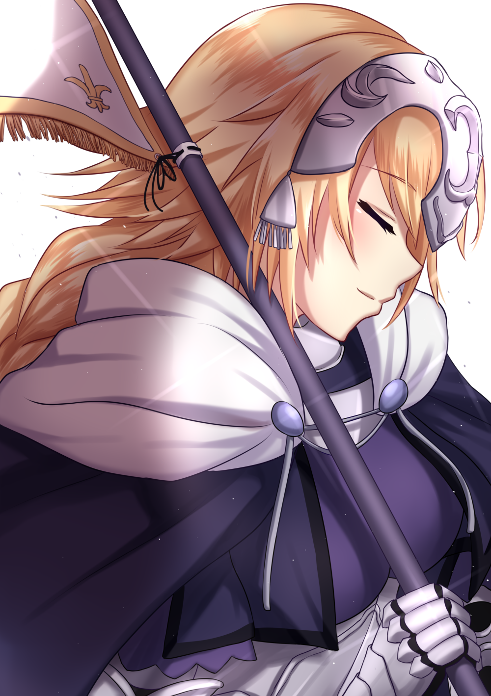 armor blonde_hair blush cape closed_eyes fate/apocrypha fate_(series) headpiece highres jeanne_d'arc_(fate) jeanne_d'arc_(fate)_(all) long_hair rktsm smile solo white_background