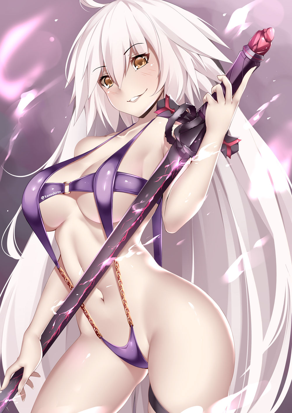 ahoge bangs blush breasts brown_eyes chain collarbone contrapposto cowboy_shot eyebrows_visible_through_hair fate/grand_order fate_(series) hair_between_eyes hand_up highres hips holding holding_sword holding_weapon jeanne_d'arc_(alter)_(fate) jeanne_d'arc_(fate)_(all) kanachirou large_breasts long_hair looking_at_viewer navel o-ring o-ring_top parted_lips purple_swimsuit sheath sheathed sidelocks silver_hair slingshot_swimsuit smile solo standing swimsuit sword thighs twitter_username very_long_hair weapon
