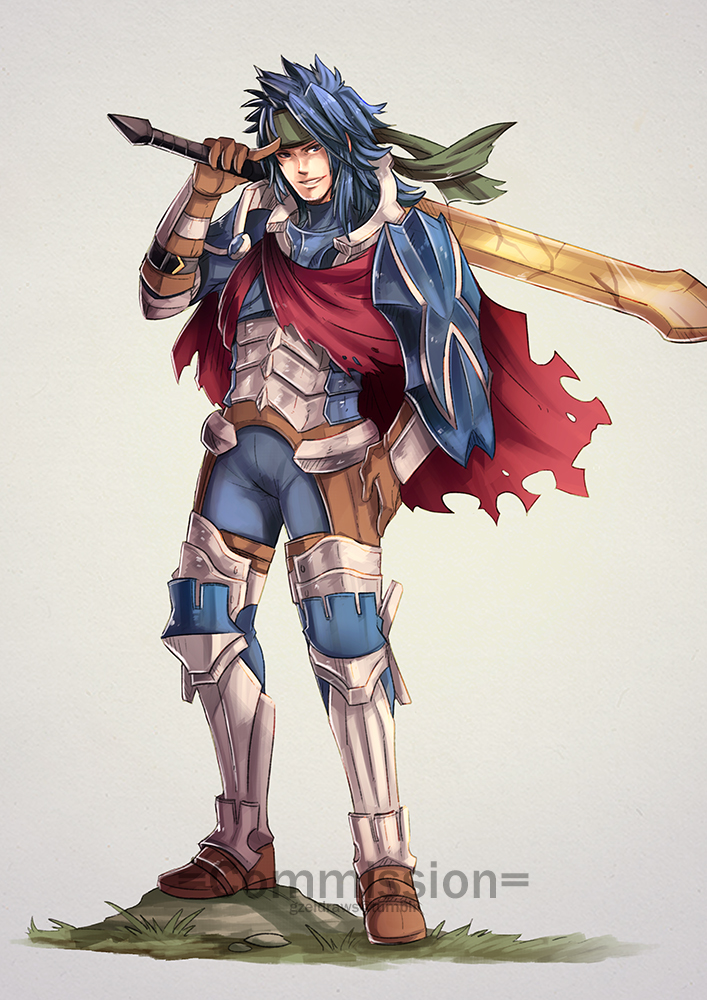 cape fire_emblem fire_emblem:_kakusei full_body gloves grin headband holding holding_sword holding_weapon male_focus one_eye_closed priam shield smile spiked_hair sword weapon