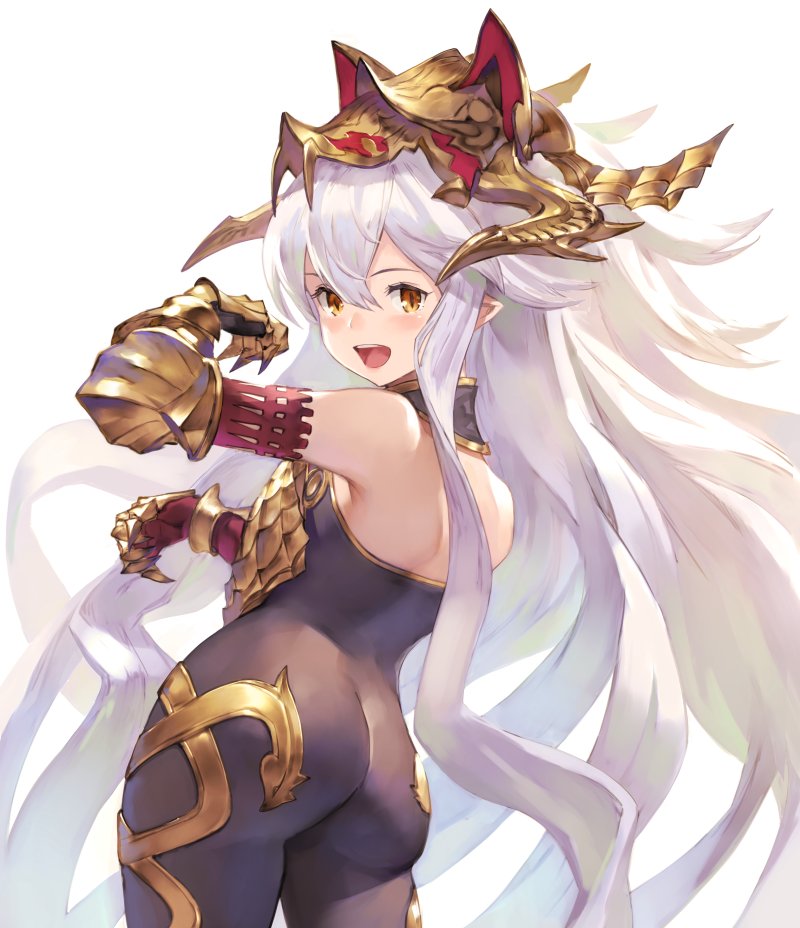 :d arm_up ass bare_shoulders bodysuit breastplate contrapposto cowboy_shot elbow_gloves from_behind gauntlets gloves headpiece long_hair looking_back medusa_(shingeki_no_bahamut) nurumi open_mouth pink_gloves pointy_ears shingeki_no_bahamut silver_hair simple_background slit_pupils smile standing very_long_hair white_background yellow_eyes