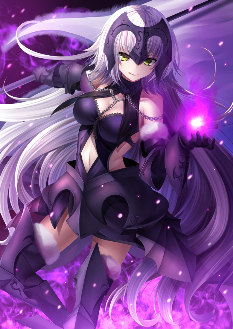 :q armor armored_boots armored_dress backless_dress backless_outfit bare_shoulders black_dress boots breasts chain cleavage closed_mouth dress eyebrows_visible_through_hair fate/grand_order fate_(series) foreshortening fur_trim gauntlets headpiece holding holding_weapon jeanne_d'arc_(alter)_(fate) jeanne_d'arc_(fate)_(all) licking_lips light_particles lips long_hair looking_at_viewer magic medium_breasts midriff navel navel_cutout outstretched_arm silver_hair sleeveless sleeveless_dress solo standing thigh_boots thighhighs tongue tongue_out toshi_(1-147) very_long_hair weapon yellow_eyes zettai_ryouiki