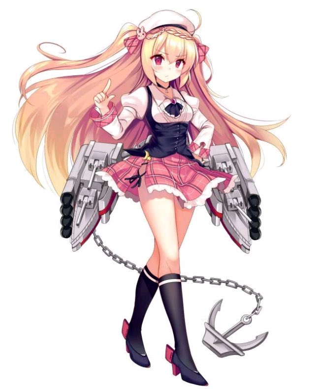ahoge anchor arm_at_side arm_up azur_lane beret black_legwear blonde_hair blush boots breasts cannon chain crescent_(azur_lane) full_body hat hecha_(swy1996228) jewelry knee_boots long_hair looking_at_viewer medium_breasts necklace official_art red_eyes remodel_(azur_lane) solo standing torpedo_tubes white_background