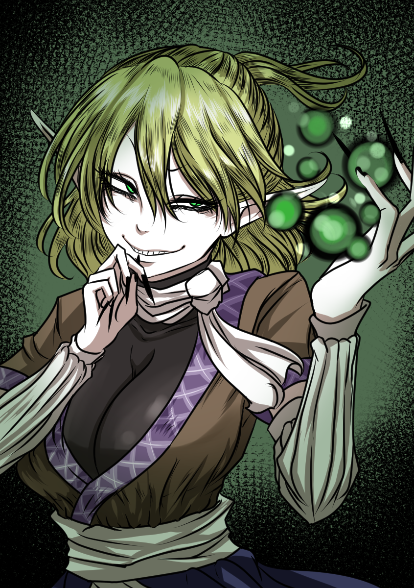 arm_warmers black_nails blonde_hair breasts cleavage fingernails green_background green_eyes grin hair_between_eyes highres large_breasts long_fingernails mizuhashi_parsee nail_polish pointy_ears ponytail sash sei_no_ji sharp_fingernails smile solo touhou turtleneck upper_body