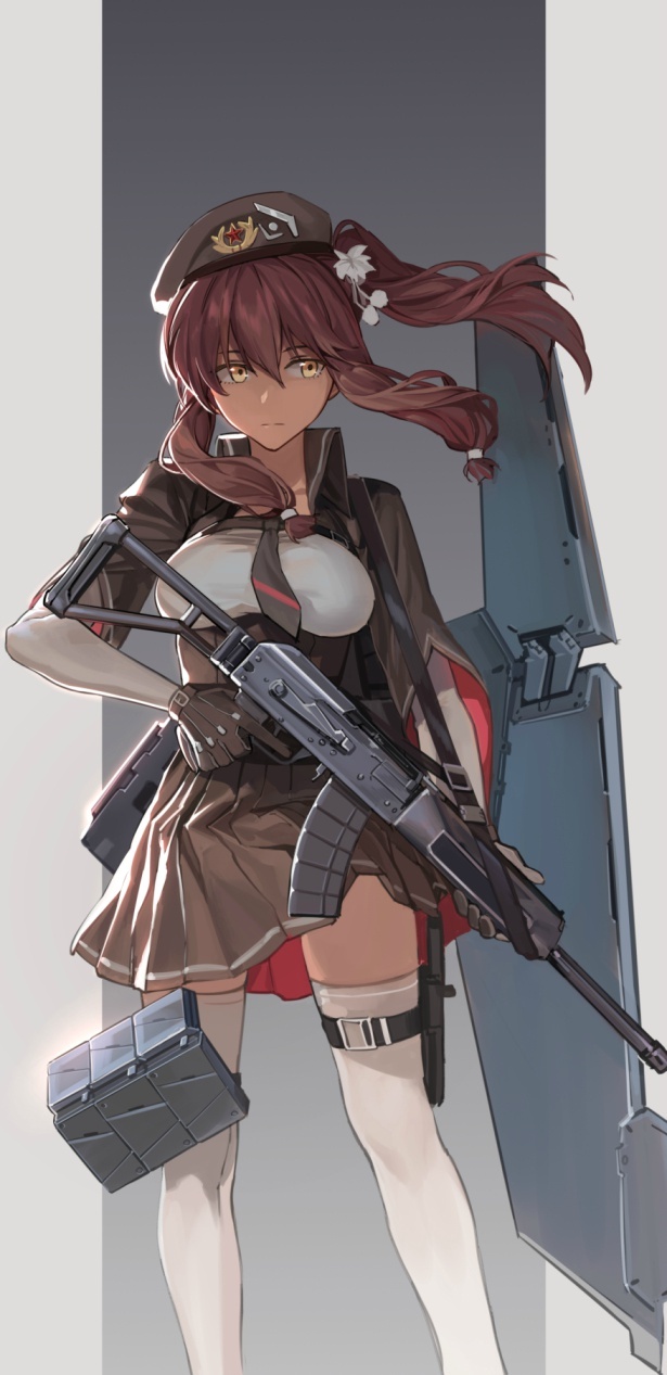 beret breasts brown_gloves brown_hair closed_mouth dark_skin expressionless framed_breasts girls_frontline gloves gradient gradient_background gun hair_between_eyes hair_ornament hat highres holster large_breasts long_hair looking_away outside_border pleated_skirt pom_pom_(clothes) rff_(3_percent) saiga-12 saiga-12_(girls_frontline) shield shirt shotgun side_ponytail sidelocks simple_background skirt solo taut_clothes taut_shirt thigh_holster thigh_strap thighhighs trigger_discipline underbust weapon white_legwear yellow_eyes