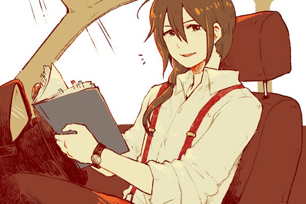 ahoge androgynous brown_eyes brown_hair car_interior idolmaster idolmaster_side-m long_hair looking_at_viewer male_focus parted_lips ponytail producer_(idolmaster_side-m_anime) schedule sitting sleeves_pushed_up solo suspenders watch