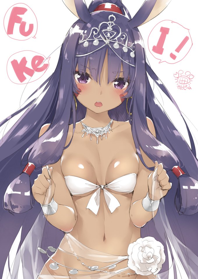 animal_ears bandeau bare_shoulders bikini_top blush dark_skin dark_skinned_male earrings eyebrows_visible_through_hair facial_mark fate/grand_order fate_(series) flower front-tie_bikini front-tie_top hoop_earrings jewelry long_hair looking_at_viewer navel necklace nitocris_(fate/grand_order) nitocris_(swimsuit_assassin)_(fate) open_mouth peko ponytail purple_eyes sarong sarong_lift sidelocks solo tiara very_long_hair white_bikini_top wristband