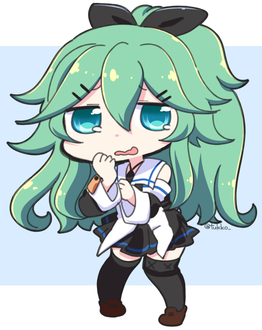 bangs black_legwear black_ribbon black_serafuku black_skirt chibi detached_sleeves full_body green_eyes green_hair hair_between_eyes hair_ornament hair_ribbon hairclip kantai_collection long_hair looking_at_viewer parted_bangs pleated_skirt ponytail ribbon school_uniform serafuku simple_background skirt solo thighhighs tsukko_(3ki2ne10) twitter_username white_background yamakaze_(kantai_collection)