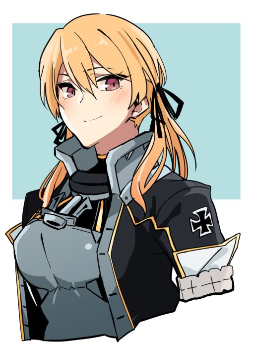 alternate_eye_color anchor asakawa_(outeq) black_ribbon blonde_hair border breasts closed_mouth coat commentary_request cosplay eyebrows_visible_through_hair grin hair_between_eyes hair_over_shoulder hair_ribbon iron_cross kantai_collection looking_at_viewer low_twintails medium_breasts nagato_(kantai_collection) nagato_(kantai_collection)_(cosplay) prinz_eugen_(kantai_collection) red_eyes remodel_(kantai_collection) ribbon simple_background smile solo twintails upper_body white_border