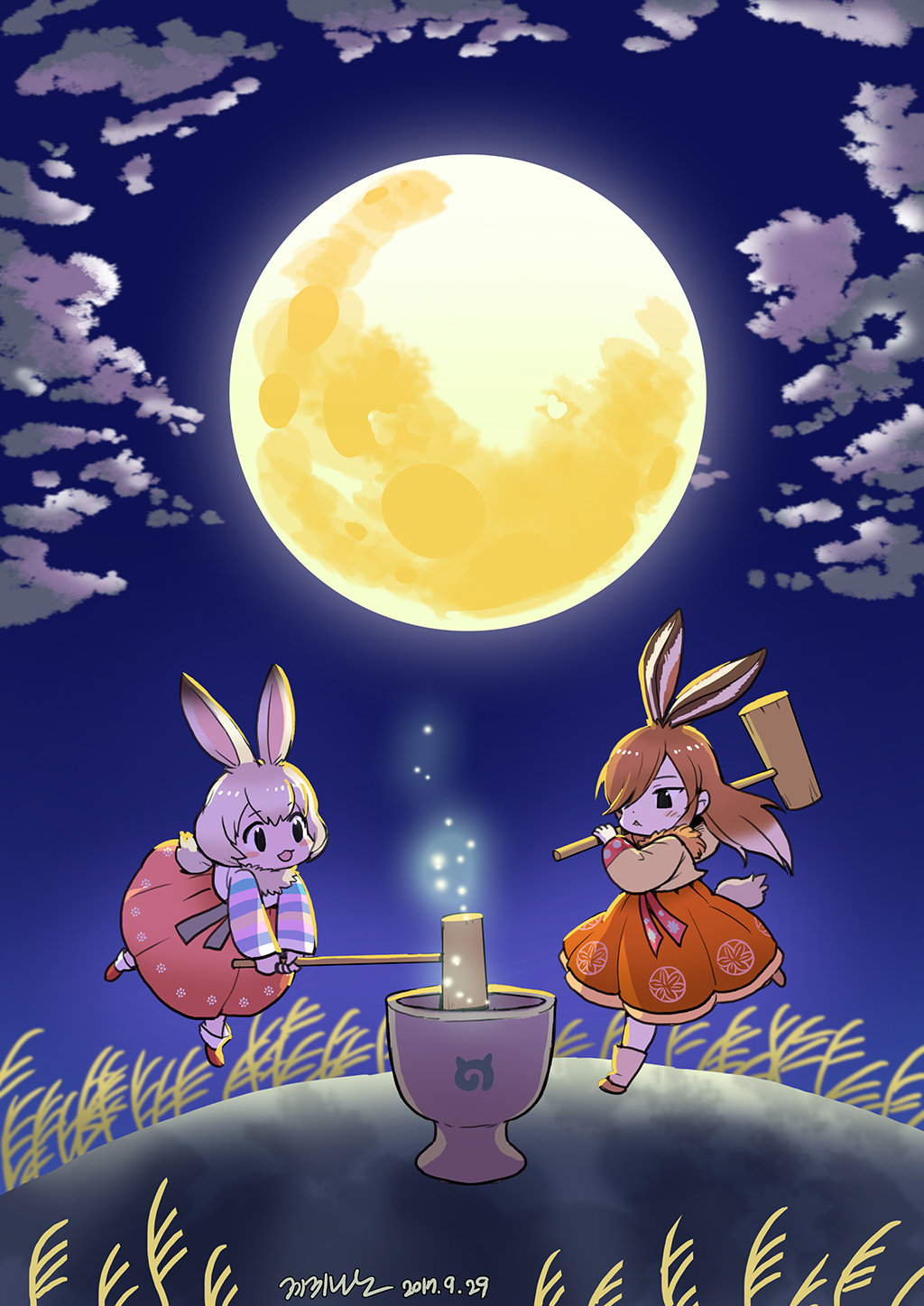 2girls :3 :d alternate_costume animal_ears bangs black_eyes blush_stickers bob_cut brown_footwear brown_hair brown_legwear bunny_ears bunny_tail chibi cloud cloudy_sky dated european_hare_(kemono_friends) eyebrows facing_another floral_print full_moon fur_collar hair_between_eyes hair_over_one_eye hanbok highres holding holding_mallet japari_symbol kemono_friends korean_clothes leg_up light_particles long_hair long_sleeves mallet mid-autumn_festival mochitsuki moon moonlight mountain_hare_(kemono_friends) multicolored_hair multiple_girls night night_sky no_nose open_mouth orange_shirt orange_skirt outdoors pink_skirt red_footwear roonhee running shirt short_hair signature skirt sky smile socks striped striped_shirt tail tareme traditional_clothes triangle_mouth tsurime two-tone_hair white_hair white_legwear white_shirt wide_sleeves