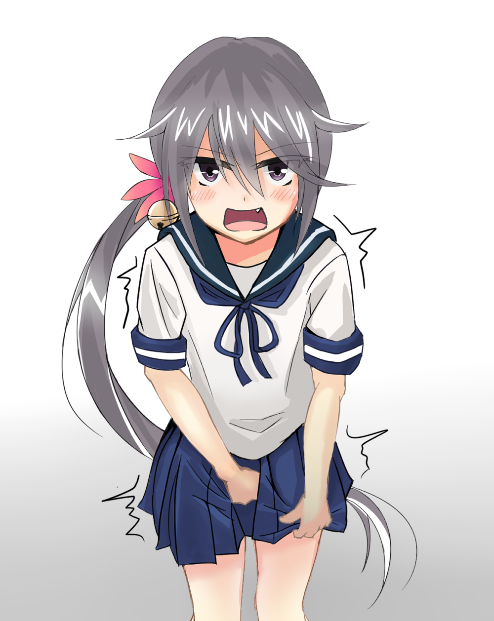 1girl akebono_(kantai_collection) angry artist_request bell between_legs blue_bow blue_sailor_collar blue_skirt blush bow eyebrows_visible_through_hair eyes_visible_through_hair fang flower gradient gradient_background grey_background grey_hair hair_bell hair_flower hair_ornament hand_between_legs have_to_pee highres kantai_collection leaning_forward long_hair looking_at_viewer looking_up open_mouth pink_flower pleated_skirt purple_eyes sailor_collar school_uniform serafuku shirt short_sleeves side_ponytail simple_background skirt skirt_hold solo standing teeth tied_hair trembling uniform very_long_hair white_background white_shirt