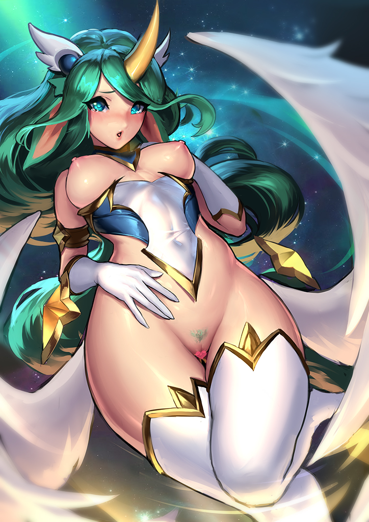 animal_ears armlet bangs blush breasts censored cian_yo corset covered_navel glint gloves green_eyes green_hair hair_ornament horns league_of_legends long_hair low_wings medium_breasts nipples open_mouth parted_lips pubic_hair pussy solo soraka star_guardian_soraka swept_bangs tears thigh_gap thighhighs underbust very_long_hair white_gloves white_legwear wings