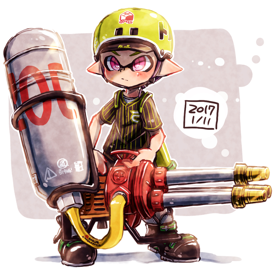 ankle_boots baseball_jersey black_footwear black_shirt boots dated domino_mask full_body grey_background harutarou_(orion_3boshi) hat helmet holding holding_weapon hydra_splatling_(splatoon) ink_tank_(splatoon) inkling inkling_(language) looking_at_viewer male_focus mask outside_border pointy_ears purple_eyes shirt splatoon_(series) splatoon_1 standing striped striped_shirt vertical-striped_shirt vertical_stripes weapon yellow_hat