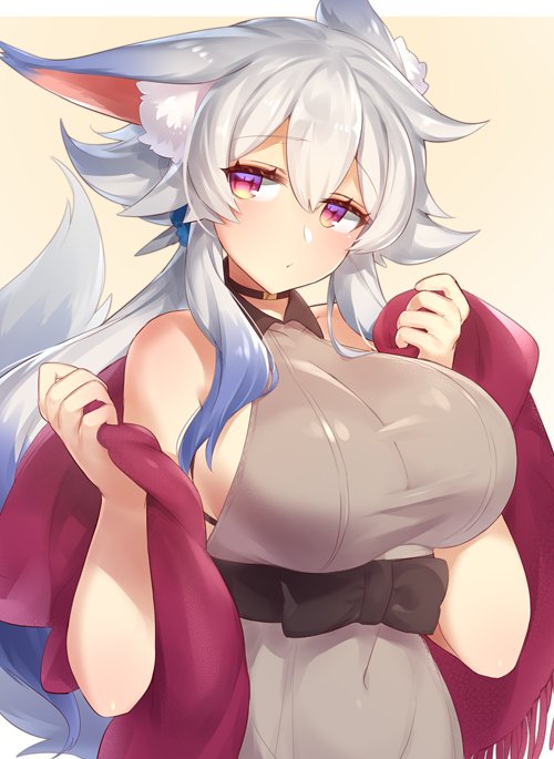 animal_ears bare_shoulders blue_hair blush breasts choker commentary_request covered_navel dress fox_ears fox_tail gradient_hair grey_dress jacket large_breasts long_hair looking_at_viewer multicolored_hair open_clothes open_jacket original pink_eyes sleeveless sleeveless_dress solo tail upper_body white_hair yamaarashi