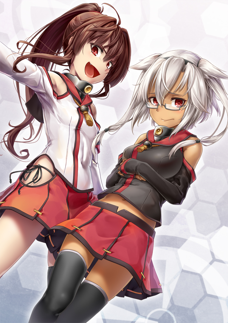 :d bare_shoulders black_legwear breasts brown_hair commentary fang from_below glasses kantai_collection large_breasts long_hair looking_at_viewer maruyama_kurehiro midriff multiple_girls musashi_(kantai_collection) navel open_mouth pleated_skirt ponytail red_eyes red_skirt semi-rimless_eyewear silver-framed_eyewear skirt small_breasts smile tan thighhighs v-shaped_eyebrows white_hair yamato_(kantai_collection) younger
