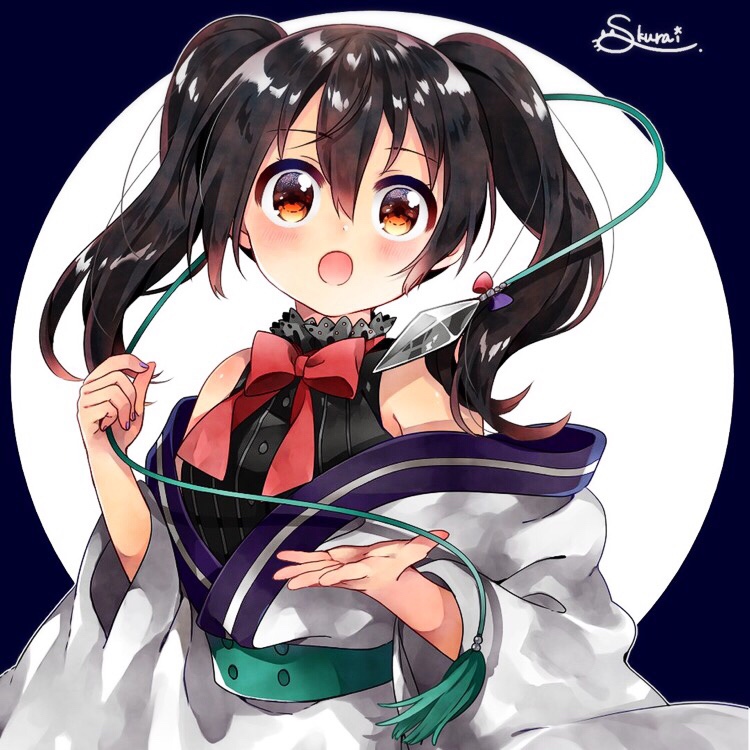:o artist_name bangs bare_shoulders black_hair black_sweater blush bow brown_eyes commentary_request crystal eyebrows_visible_through_hair fingernails hair_between_eyes holding japanese_clothes kimono long_hair looking_at_viewer nail_polish off_shoulder open_mouth purple_nails red_bow sakurai_(redchivalry) signature sleeveless solo striped sweater twintails upper_body urara_meirochou vertical_stripes white_kimono wide_sleeves yukimi_koume
