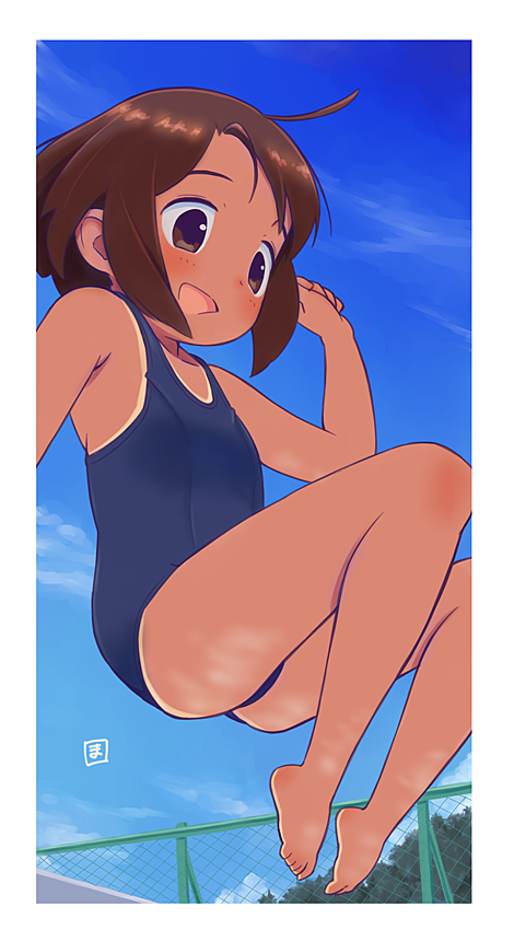 1girl barefoot brown_hair feet female jumping mawaru_(mawaru) one-piece_swimsuit open_mouth outdoors solo swimsuit white_border