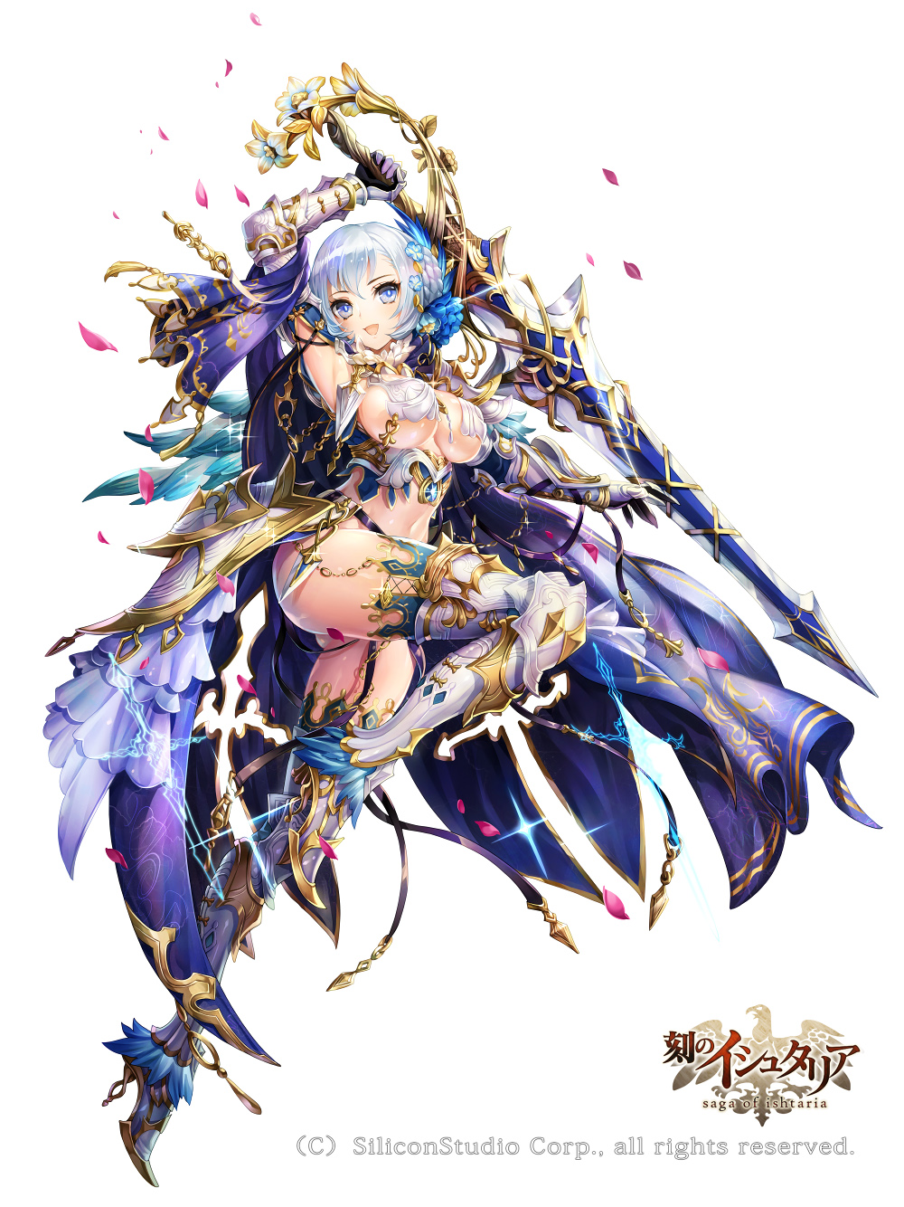 age_of_ishtaria arm_up armor armored_boots ass bangs belt bikini_armor blue_eyes boots braid breasts full_body garter_straps gauntlets hair_ornament high_heel_boots high_heels highres holding holding_sword holding_weapon large_breasts looking_at_viewer navel nemusuke official_art petals revealing_clothes silver_hair solo sword thighhighs weapon