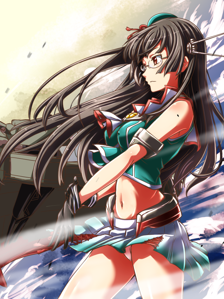 bare_legs beret black_gloves breasts brown_hair cannon character_name choker choukai_(kantai_collection) cleavage commentary_request glasses glove_pull gloves green_hat hair_ornament hat kantai_collection kobamiso_(kobalt) large_breasts long_hair looking_away machinery midriff miniskirt panties pantyshot pantyshot_(standing) pleated_skirt red_eyes remodel_(kantai_collection) rigging rimless_eyewear skirt solo standing turret underwear wind wind_lift