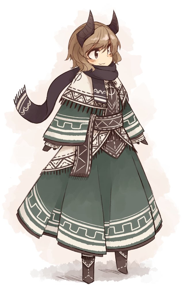 :3 bangs black_gloves black_scarf blush boots brown_eyes brown_footwear brown_hair capelet closed_mouth commentary_request dress eyebrows_visible_through_hair full_body gloves green_dress horns kaginoni looking_away original scarf short_hair sleeves_past_wrists smile solo standing