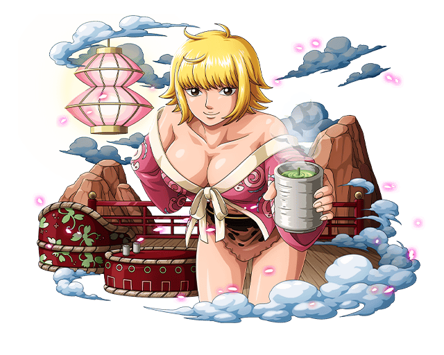 blonde_hair bodskih breasts brown_eyes brown_skirt cleavage collarbone cowboy_shot holding large_breasts leaning_forward looking_at_viewer marguerite miniskirt neck_ribbon one_piece ribbon shiny shiny_skin short_hair skirt smile solo standing steam transparent_background white_ribbon