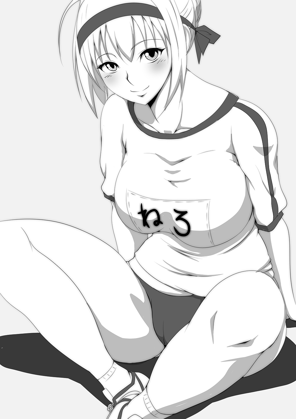 bangs blush breasts cameltoe closed_mouth collarbone fate/extra fate/grand_order fate_(series) green_eyes greyscale gym_uniform hairband highres jyouden large_breasts monochrome name_tag nero_claudius_(fate) nero_claudius_(fate)_(all) olympian_bloomers shirt shoes sidelocks sitting smile sneakers socks t-shirt
