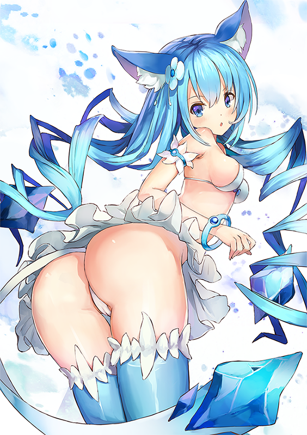 :o animal_ears arched_back armlet ass bare_shoulders bikini_top blue_eyes blue_hair blue_legwear blush bracelet breasts cameltoe commentary_request from_behind gen_4_pokemon glaceon hair_between_eyes jewelry legs_together long_hair looking_at_viewer looking_back medium_breasts panties personification pokemon sakaraubito shiny shiny_hair skindentation skirt solo tail thighhighs thighs underwear white_bikini_top white_panties white_skirt