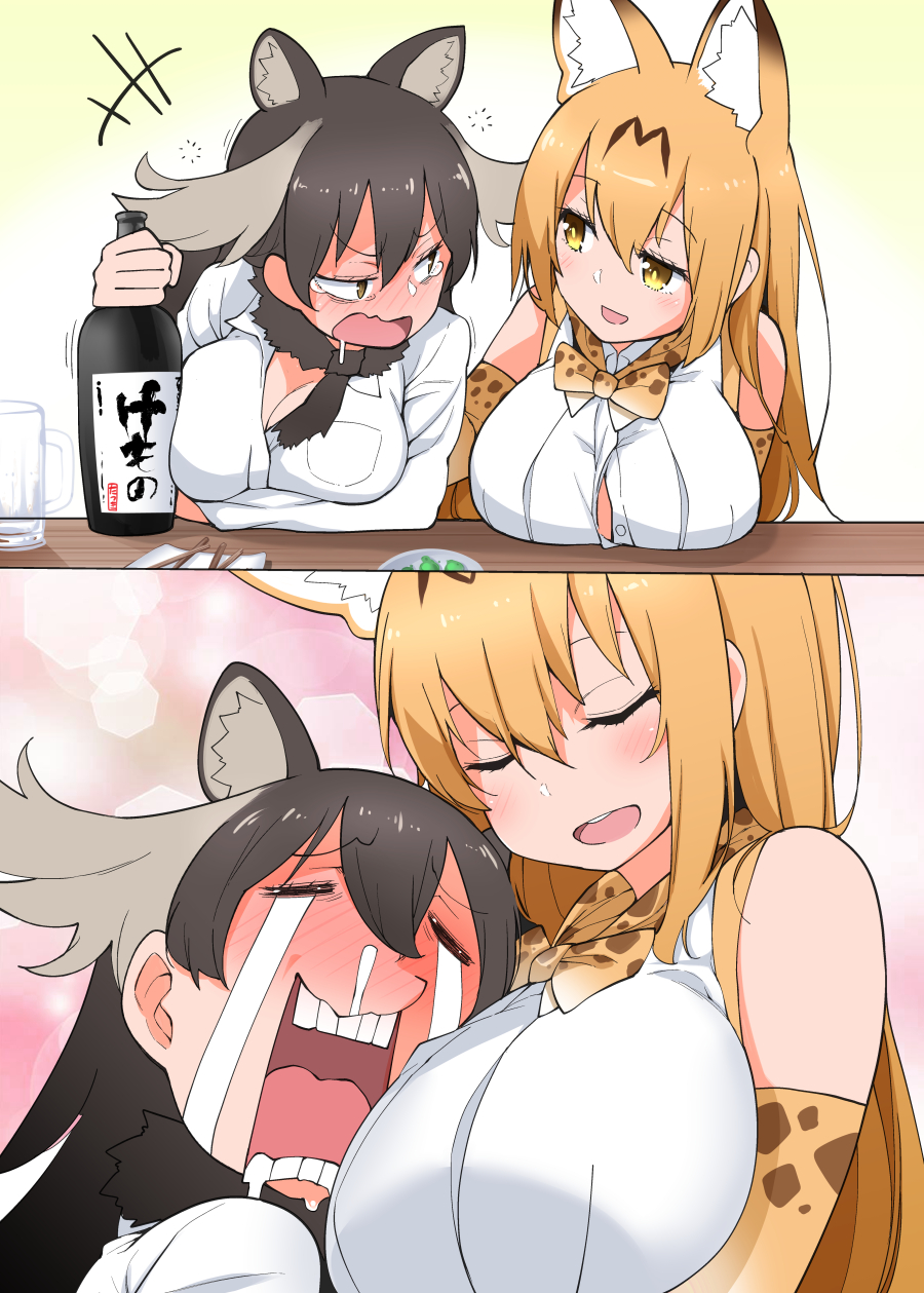 2girls 2koma :d =_= alternate_breast_size alternate_hair_length alternate_hairstyle animal_ear_fluff animal_ears antlers bare_shoulders beer_mug blonde_hair blush bow bowtie breasts brown_eyes brown_hair cleavage closed_eyes comic commentary_request crying drooling drunk elbow_gloves eyebrows_visible_through_hair gloves hair_between_eyes half-closed_eyes hayashi_(l8poushou) highres hug kemono_friends large_breasts long_hair long_sleeves looking_at_another moose_(kemono_friends) moose_ears multiple_girls nose_blush older open_mouth scarf serval_(kemono_friends) serval_ears serval_print shirt silent_comic sleeveless sleeveless_shirt smile snot streaming_tears tearing_up tears translated upper_body white_shirt yellow_eyes