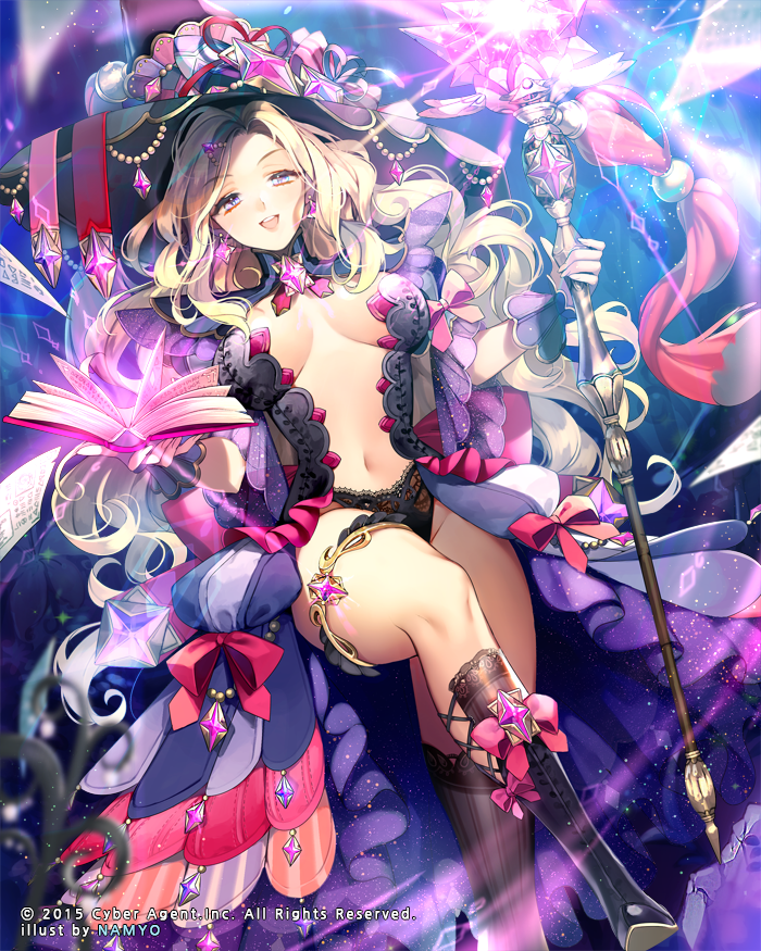 big_hair blonde_hair blue_eyes book boots gem hat lace lace-trimmed_panties long_hair long_skirt magic namyo official_art open_mouth panties revealing_clothes showgirl_skirt skirt smile solo staff tenkuu_no_crystalia thigh_strap underwear very_long_hair witch witch_hat