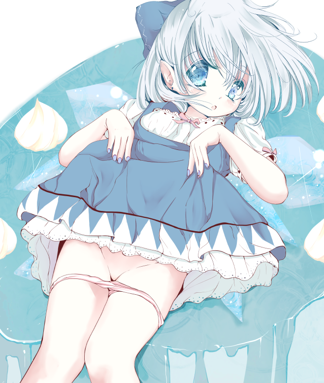 :o bad_id bad_pixiv_id blue_bow blue_dress blue_eyes blue_hair blue_nails bow cirno commentary_request dress dress_lift flower ice ice_wings inasa_orange lifted_by_self looking_at_viewer lotus lying nail_polish on_back panties panty_pull pointy_ears puffy_short_sleeves puffy_sleeves short_sleeves solo touhou underwear water wings