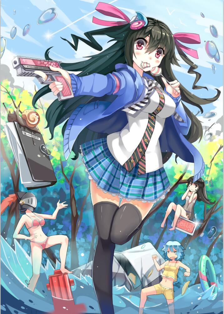 barefoot black_hair black_legwear blue_hair blush breasts candy cleavage closed_mouth eyebrows_visible_through_hair food gun holding holding_gun holding_weapon jpeg_artifacts large_breasts lollipop long_hair looking_at_another looking_at_viewer multiple_girls navel original pink_eyes qihai_lunpo red_hair short_hair smile thighhighs weapon
