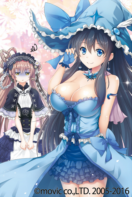 :t bare_shoulders blue_dress blue_eyes braid breast_envy breasts cleavage dress earrings fingerless_gloves frown gloves hair_between_eyes hair_rings hair_tucking hairband hat headdress jewelry kurowana large_breasts layered_skirt lolita_hairband multiple_girls shaded_face smile squiggle standing strapless turn_pale witch_hat