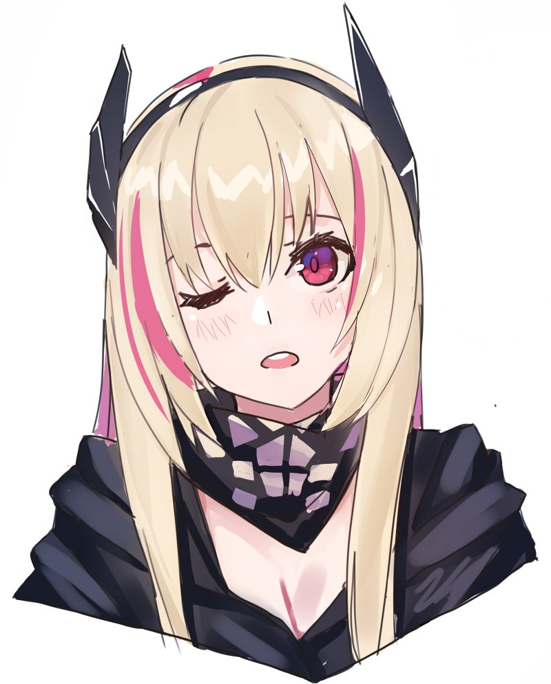 blonde_hair echj face girls_frontline hair_between_eyes head_tilt headgear light_blush long_hair looking_to_the_side m4_sopmod_ii_(girls_frontline) mask_around_neck multicolored_hair one_eye_closed open_mouth portrait red_eyes sketch solo straight_hair streaked_hair white_background