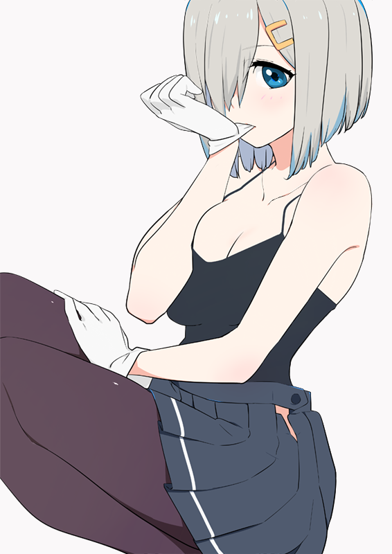 adjusting_clothes adjusting_gloves black_legwear blue_eyes breasts camisole cleavage dutch_angle gloves grey_background grey_hair hair_ornament hair_over_one_eye hairclip hamakaze_(kantai_collection) hand_on_own_thigh kantai_collection large_breasts mouth_hold open_fly pantyhose pleated_skirt short_hair simple_background sitting skirt sohin solo white_gloves