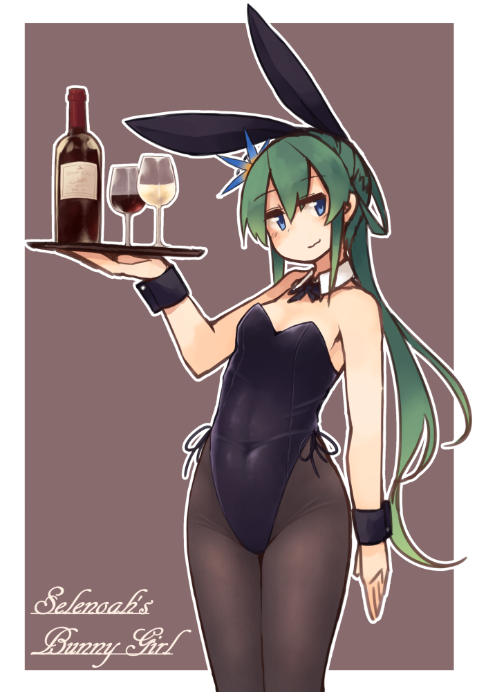 :3 alcohol animal_ears bangs bare_shoulders black_legwear blue_eyes brown_background bunny_ears bunny_girl bunnysuit closed_mouth commentary_request covered_navel cowboy_shot cup drinking_glass eyebrows_visible_through_hair fake_animal_ears flower green_hair hair_between_eyes hair_flower hair_ornament holding holding_tray kaginoni leotard long_hair looking_at_viewer original pantyhose purple_leotard selenoah simple_background smile standing tray wine wrist_cuffs