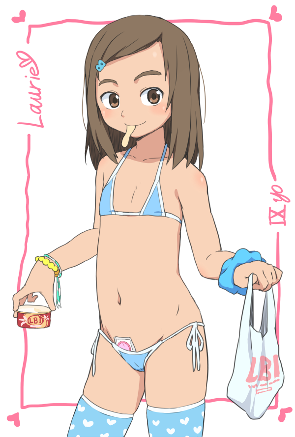 bag bead_bracelet beads bikini blue_bikini blue_scrunchie bracelet brown_eyes brown_hair bubukka character_age character_name closed_mouth condom_wrapper cowboy_shot flat_chest food hair_ornament hairclip heart holding holding_bag ice_cream in_swimsuit jewelry long_hair looking_at_viewer mouth_hold navel original plastic_bag roman_numerals scrunchie side-tie_bikini simple_background smile solo swimsuit white_background wrist_scrunchie