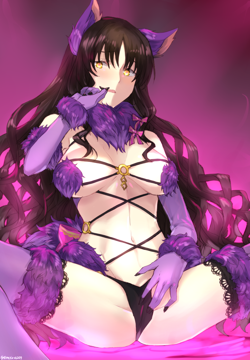 animal_ears bare_shoulders black_hair cameltoe cosplay dangerous_beast detached_collar elbow_gloves fate/extra fate/extra_ccc fate/grand_order fate_(series) fur gloves long_hair navel sesshouin_kiara solo somechime_(sometime1209) spread_legs squatting thighhighs wavy_hair yellow_eyes