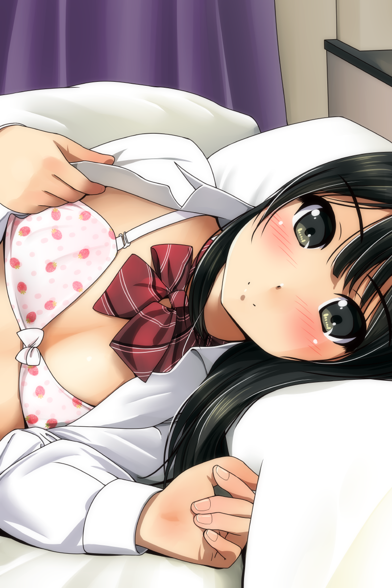 bangs black_hair bow bowtie bra breasts closed_mouth fingernails food_print green_eyes highres indoors long_sleeves looking_at_viewer lying matsunaga_kouyou on_bed on_side open_clothes open_shirt original pillow pink_bra red_bow red_neckwear shirt small_breasts smile solo strawberry_print striped striped_bow striped_neckwear tareme underwear upper_body white_shirt