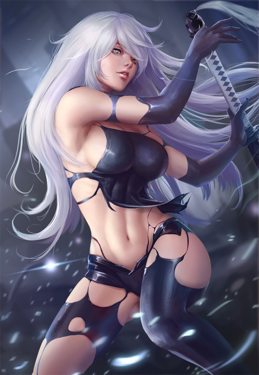 android bangs bare_shoulders black_gloves black_legwear blue_eyes breasts cowboy_shot derivative_work elbow_gloves gloves highres holding holding_sword holding_weapon long_hair looking_at_viewer md5_mismatch medium_breasts mole mole_under_mouth navel nier_(series) nier_automata parted_lips peng_wang solo sword thighhighs torn_clothes weapon white_hair yorha_type_a_no._2