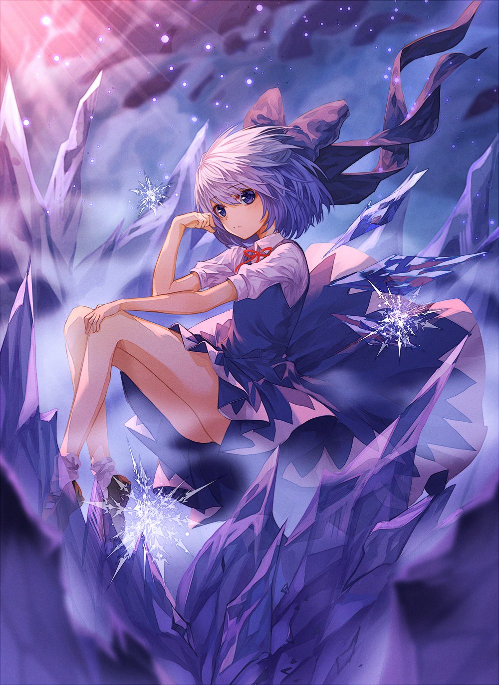 bad_id bad_pixiv_id bangs bare_legs blue_bow blue_dress blue_eyes blue_hair bow brown_footwear cirno dress eyebrows_visible_through_hair full_body hair_bow highres ice ice_wings light_particles lo-ta looking_at_viewer mary_janes outdoors red_ribbon ribbon shoes short_hair short_sleeves socks solo sunlight touhou white_legwear wind wings