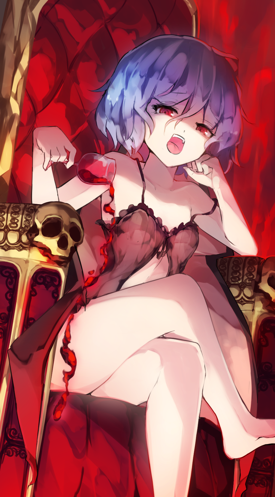 alcohol babydoll bare_arms bare_legs bare_shoulders barefoot blue_hair chiroru_(cheese-roll) crossed_legs cup drinking_glass fang hair_between_eyes highres looking_at_viewer pouring red_eyes remilia_scarlet short_hair sitting skull solo strap_slip throne touhou wine wine_glass