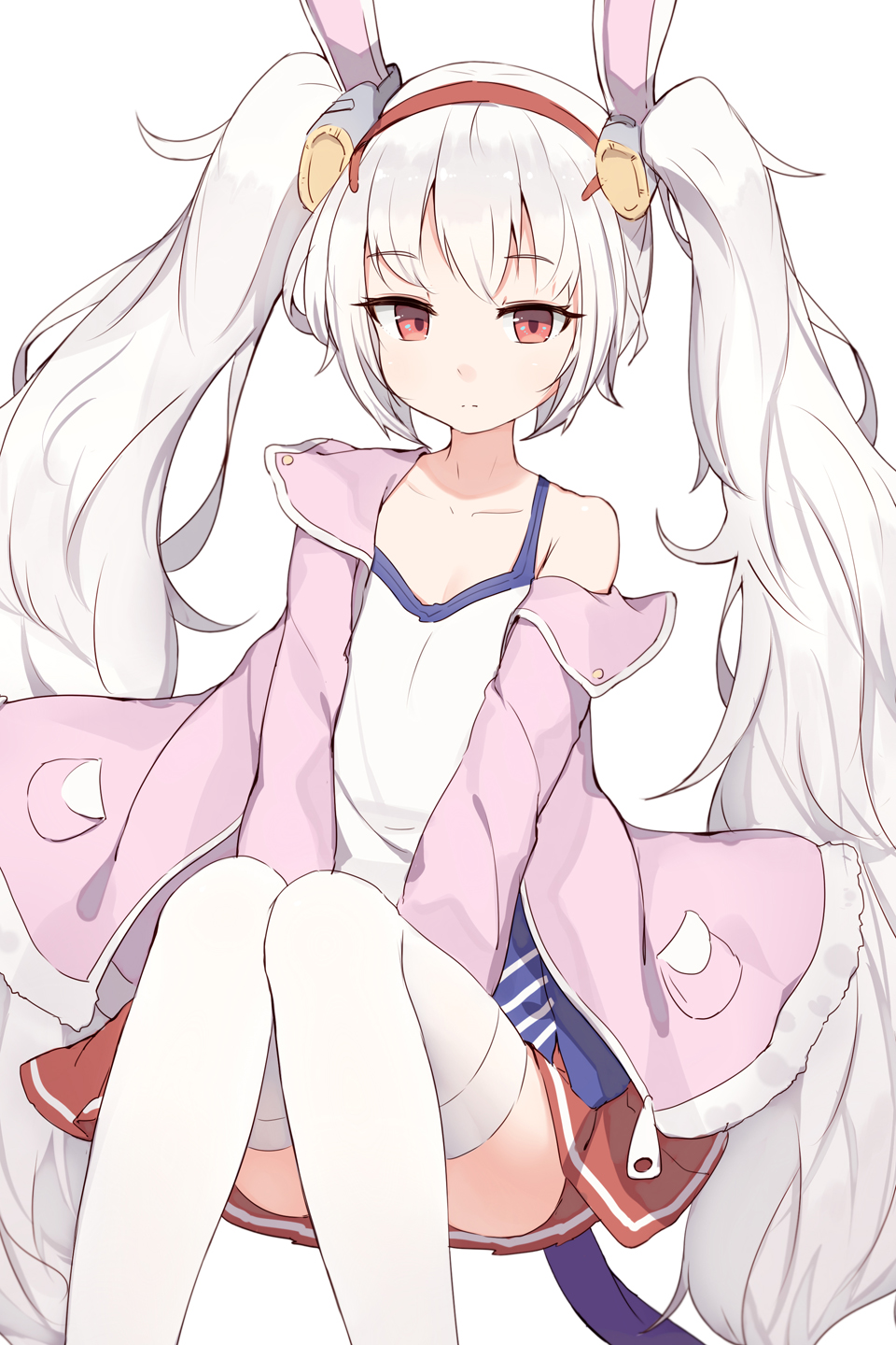 animal_ears azur_lane bunny_ears expressionless eyebrows_visible_through_hair hairband highres jacket laffey_(azur_lane) long_hair looking_at_viewer off_shoulder open_clothes open_jacket pink_jacket red_eyes shone simple_background solo thighhighs twintails very_long_hair white_background white_hair white_legwear