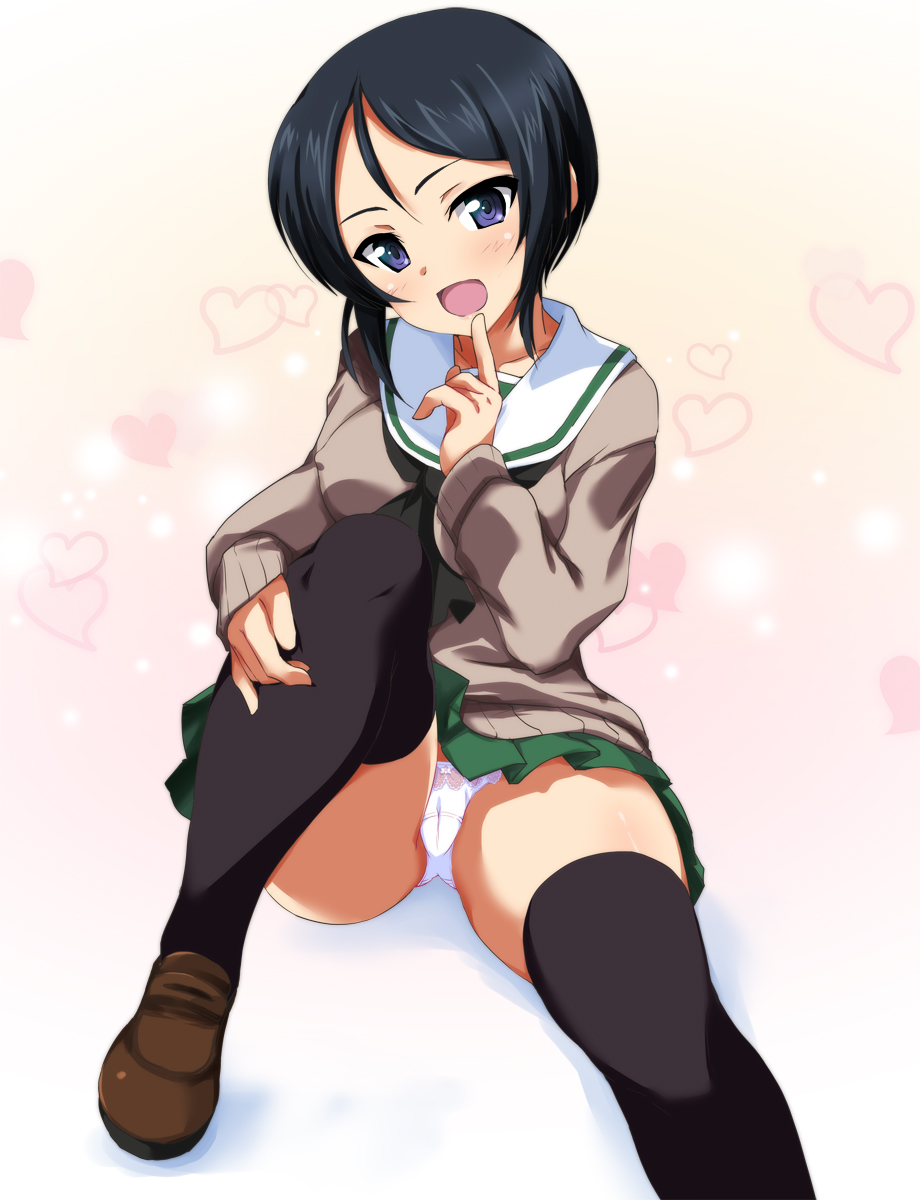 :d alternate_costume bangs black_eyes black_hair black_legwear black_neckwear brown_footwear brown_sweater cameltoe chouno_ami covered_nipples crotch_seam feet_out_of_frame finger_to_mouth girls_und_panzer green_skirt heart highres leg_hug loafers long_sleeves looking_at_viewer miniskirt neckerchief ooarai_school_uniform open_mouth ouhashi panties pleated_skirt school_uniform serafuku shoes short_hair sitting skirt smile solo sweater swept_bangs thighhighs underwear white_panties winter_uniform