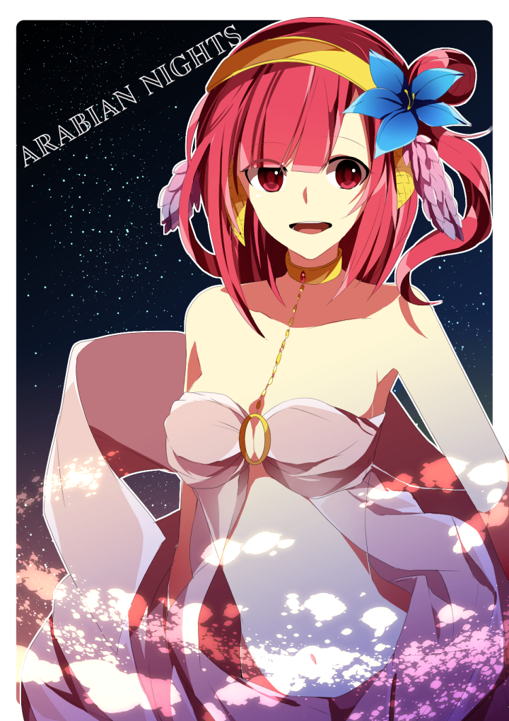 :d blue_flower breasts cleavage etoranze eyebrows_visible_through_hair flower hair_flower hair_ornament hairband long_hair looking_at_viewer magi_the_labyrinth_of_magic medium_breasts midriff morgiana navel open_mouth red_eyes red_hair sleeveless smile solo standing stomach upper_body yellow_hairband