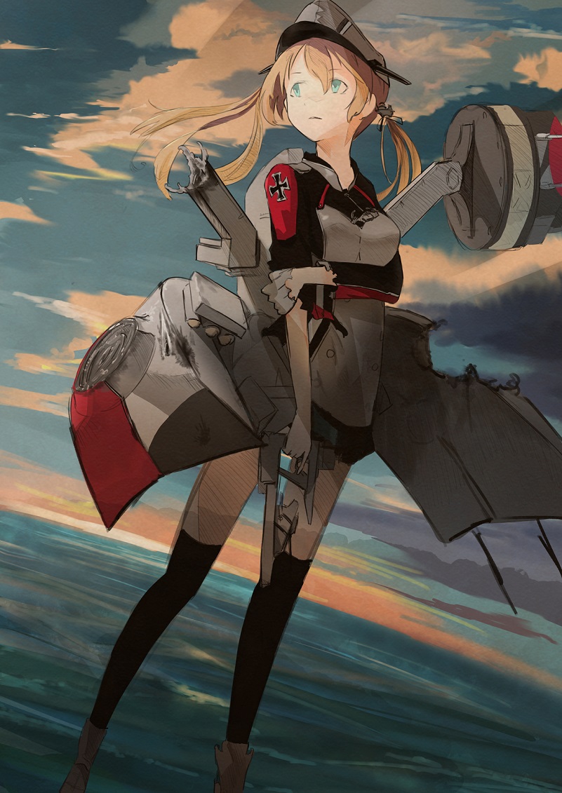 aqua_eyes arm_across_chest arm_grab black_legwear blue_eyes boots cannon cloud cloudy_sky damaged double-breasted dutch_angle evening expressionless gloves grabbing_own_arm gun hat iron_cross kantai_collection looking_away looking_to_the_side machinery military military_uniform narotake ocean orange_hair outdoors peaked_cap prinz_eugen_(kantai_collection) single_glove skirt sky solo standing thighhighs torn_clothes torpedo trigger_discipline twintails uniform water weapon white_gloves