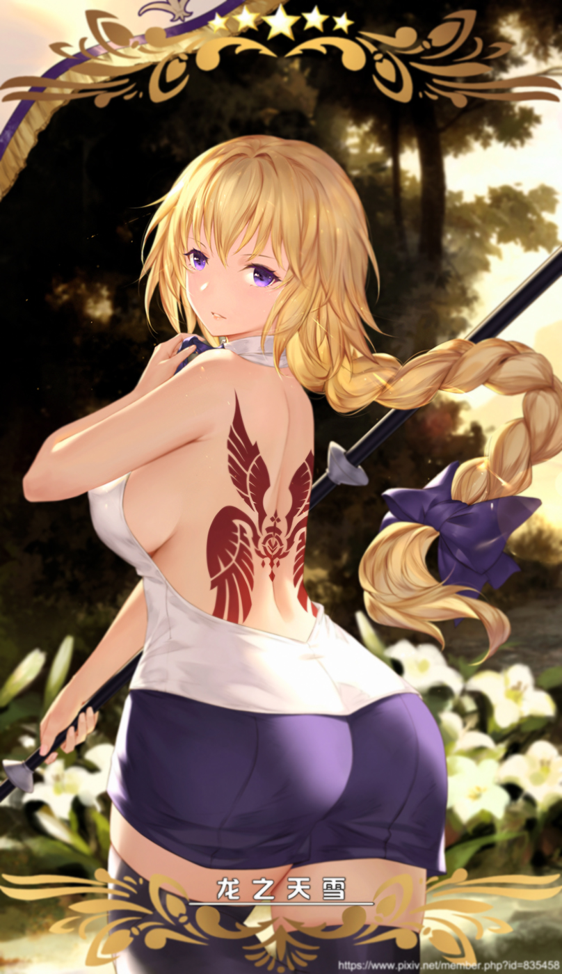 ass blonde_hair blue_eyes braid breasts butt_crack commentary fate/apocrypha fate/grand_order fate_(series) flower halterneck highres jeanne_d'arc_(fate) jeanne_d'arc_(fate)_(all) large_breasts lily_(flower) long_hair looking_back miniskirt sideboob single_braid skirt solo tattoo yijian_ma