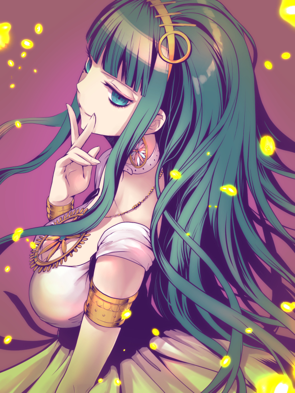 aqua_eyes aqua_hair armlet belt breasts cleavage cleopatra_(fate/grand_order) closed_mouth collarbone cowboy_shot dress earrings egyptian egyptian_clothes eyebrows eyelashes eyeliner fate/grand_order fate_(series) finger_to_face finger_to_mouth fingernails floating_hair flower from_above hairband half-closed_eyes hoop_earrings jewelry light_particles lips long_hair looking_away looking_to_the_side makeup medium_breasts necklace nose p-kana purple_background ringed_eyes simple_background smile solo standing straight_hair very_long_hair white_belt white_dress yellow_hairband