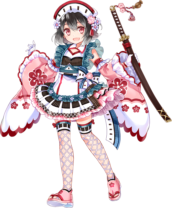 baba_(oshiro_project) black_hair flower full_body gloves hair_flower hair_ornament hat official_art oshiro_project oshiro_project_re red_eyes ririkuto short_hair solo standing sword transparent_background weapon white_gloves