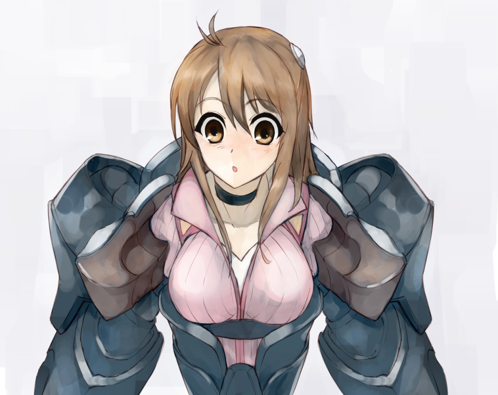 adeltrud_walter alternate_hair_color antenna_hair armor brown_eyes brown_hair choker commentary_request grey_background hair_ornament jacket knight's_&amp;_magic long_hair looking_down open_cockpit open_collar open_mouth power_armor silhouette_gear simple_background solo udoku_(suzucaste) upper_body v-neck